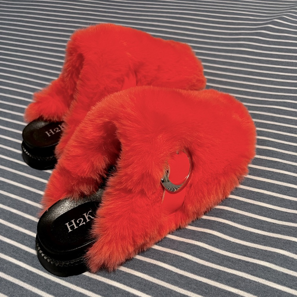 H2K Womens Orange Fuchsia Fur Trim Round Toe Buckle Slip On Mule Slipper Size 8